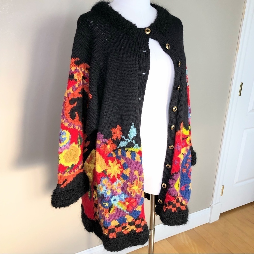 Vintage wool mohair knitted black multicolor floral paisley cardigan sweater OS